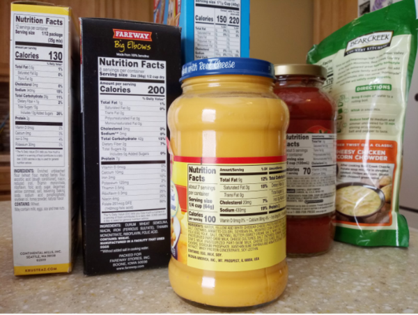 Pantry staples such as dried soup, dried pasta, and cheese sauce