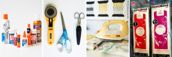 Image shows several no-sew tools and equipment including glue, scissors, an iron, and interfacing.