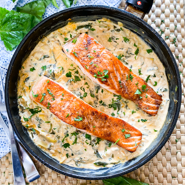 Creamy Seared Salmon Skillet With Spinach Artichokes Creamy Seared Salmon Skillet With Spinach & Artichokes