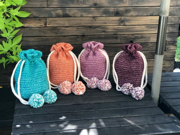 Crochet Pom Pom Drawstring Bag Crochet Pom Pom Drawstring Bag