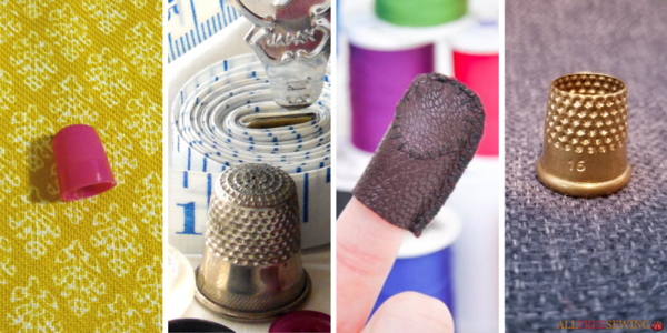 Four images: On the right, a closed top thimble. In the middle left, a traditional metal thimble. In the middle right, a leather thimble. On the right, an open top thimble.
