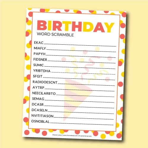 Printable Birthday Word Scramble Printable Birthday Word Scramble