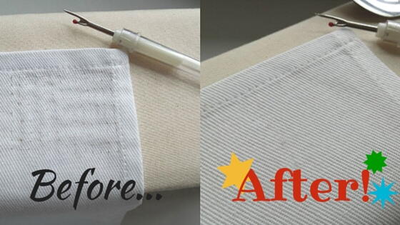 Image shows the fabric before and after the stitch mark removal process.