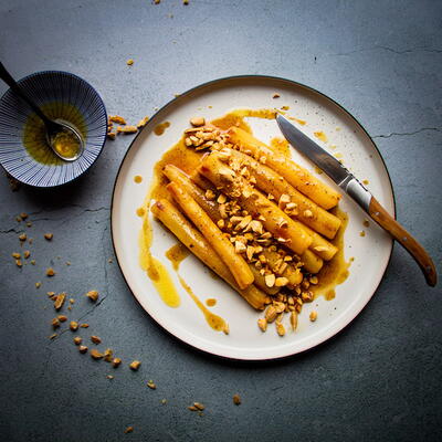 Black Salsify With Toasted Almonds, Honey And Black Pepper