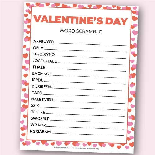 Printable Valentines Day Word Scramble Printable Valentine's Day Word Scramble