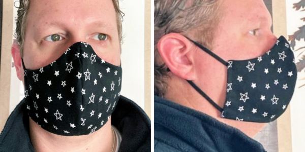 Image shows a man wearing Face Mask Template PDF - Style B. Two images: first is the front view of the DIY mask and second is the side view.
