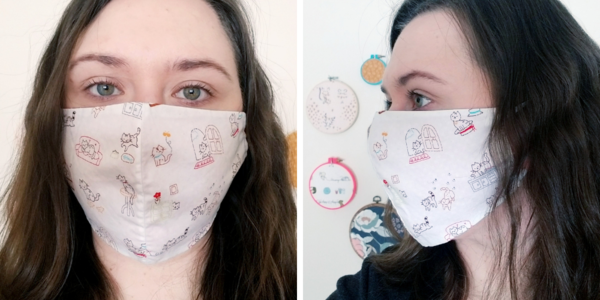 Image shows a woman wearing Face Mask Template PDF - Style A. Two images: first is the front view of the DIY mask and second is the side view.