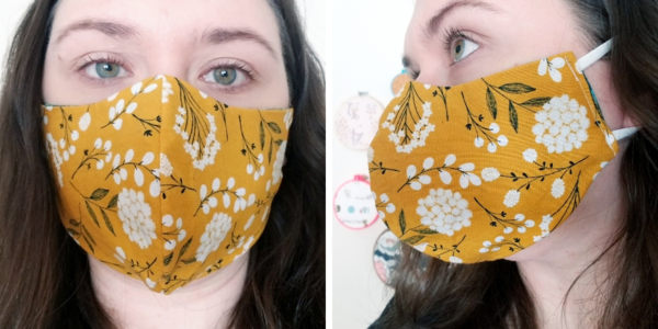 Image shows a woman wearing Face Mask Template PDF - Style C. Two images: first is the front view of the DIY mask and second is the side view.