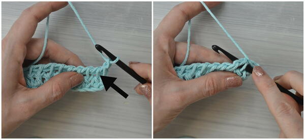 Image shows inserting hook into the next stitch for the Tunisian double crochet piece.