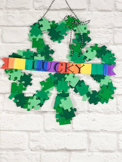 Upcycle A Lucky Shamrock Wreath From Puzzle Pieces Upcycle A Lucky Shamrock Wreath From Puzzle Pieces