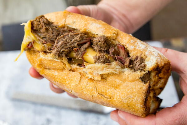 Smoked Shredded Beef Dip Sandwich