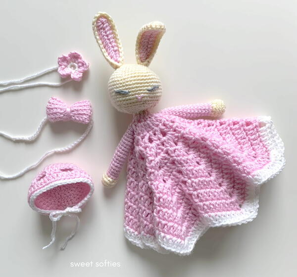 Dress-up Bunny Rabbit Lovey Baby Security Blanket With Flower Bow And Bonnet Dress-up Bunny Rabbit Lovey Baby Security Blanket With Flower, Bow, And Bonnet