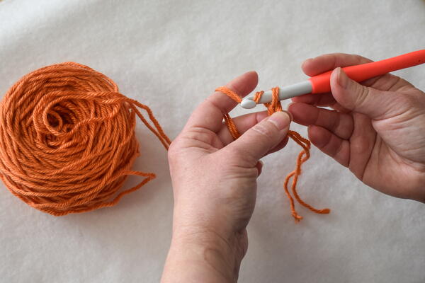 Hold the yarn strands together as if they are one yarn.