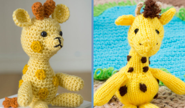 The image shows the Little Crochet Giraffe on the left and Georgie Giraffe Ornament on the right.