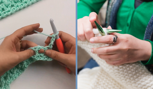 The image shows a person crocheting on the left and a person knitting on the right.