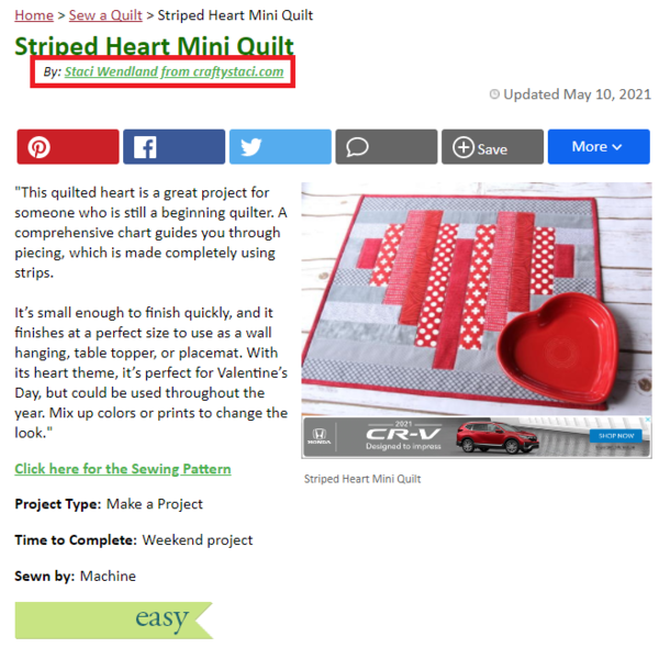 Staci Wendland's Byline for her project Striped Heart Mini Quilt