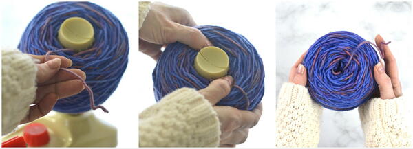 Image shows how to wind a hank of yarn: step 11 with a collage of images.