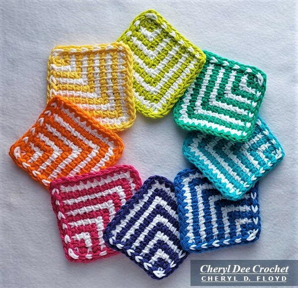 Allemande Coasters - Tunisian Striped Mitered Coasters Allemande Coasters - Tunisian Striped Mitered Coasters