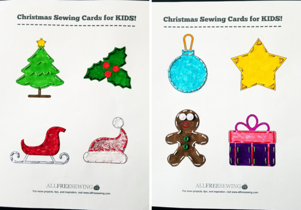 Image shows the colored in Christmas Shapes Printable Lacing Cards