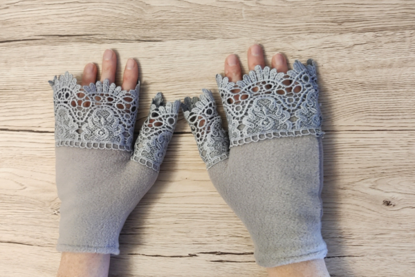 Lace Edged Fingerless Gloves - finished and on hands
