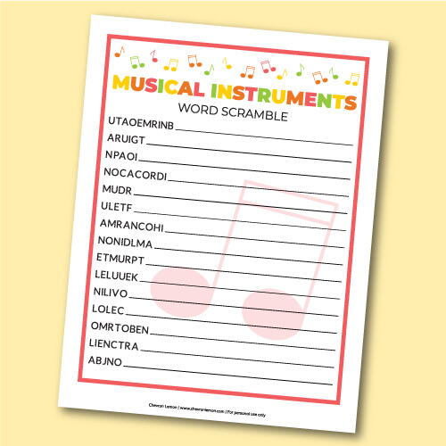 Printable Musical Instruments Word Scramble Printable Musical Instruments Word Scramble