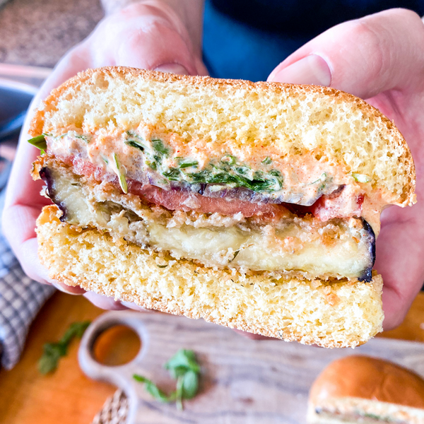 Mediterranean Crispy Eggplant Burger With Spicy Yogurt Sauce Mediterranean Crispy Eggplant Burger With Spicy Yogurt Sauce