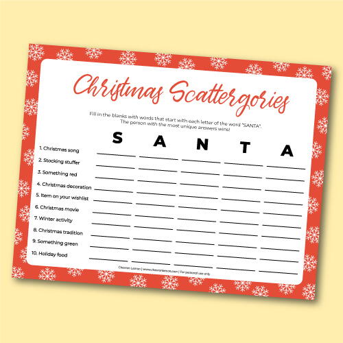 Printable Christmas Scattergories Printable Christmas Scattergories