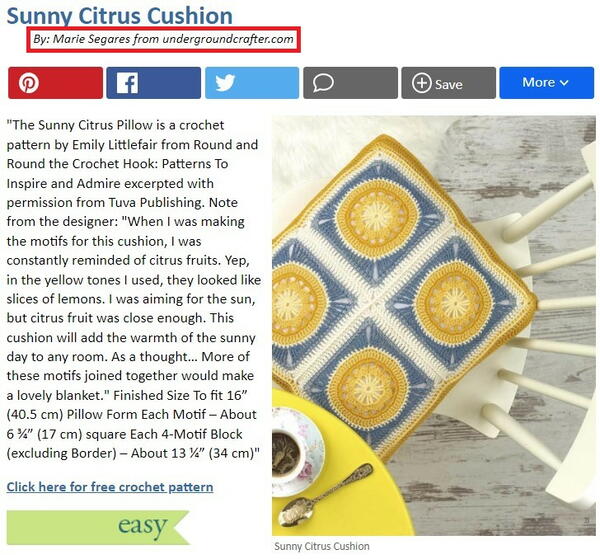 Marie Segares' Byline on her pattern Sunny Citrus Cushion Marie Segares' Byline on her pattern Sunny Citrus Cushion