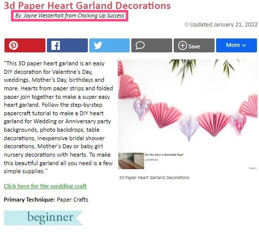 Jayne Westerholt's Byline on her project the 3D Paper Heart Garland Decorations Jayne Westerholt's Byline on her project the 3D Paper Heart Garland Decorations