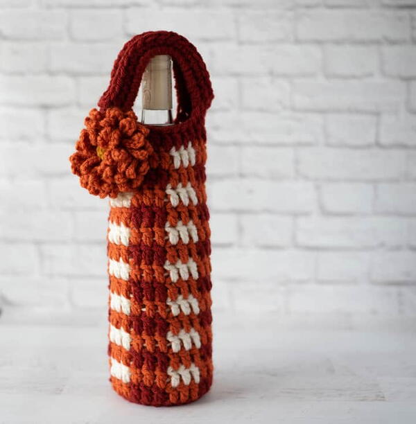 Crochet Wine Bag In Fall Plaid Crochet Wine Bag In Fall Plaid