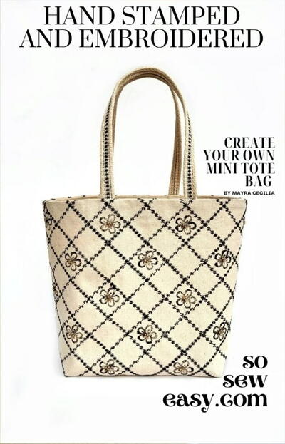 Machine Embroidered Stamped Mini Tote Bag Machine Embroidered Stamped Mini Tote Bag