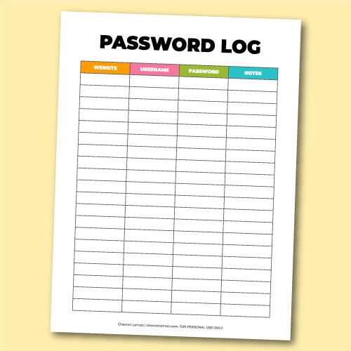 Printable Password Log Printable Password Log