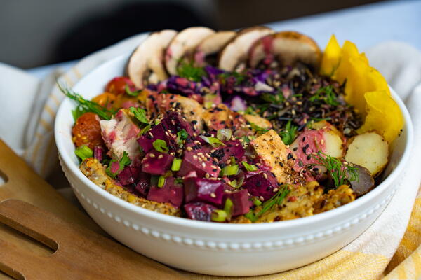 Tuna Fillet Buddha Bowl With Creamy Tahini Beet Dressing Wild Rice And Crispy Potatoes Tuna Fillet Buddha Bowl With Creamy Tahini Beet Dressing, Wild Rice, And Crispy Potatoes