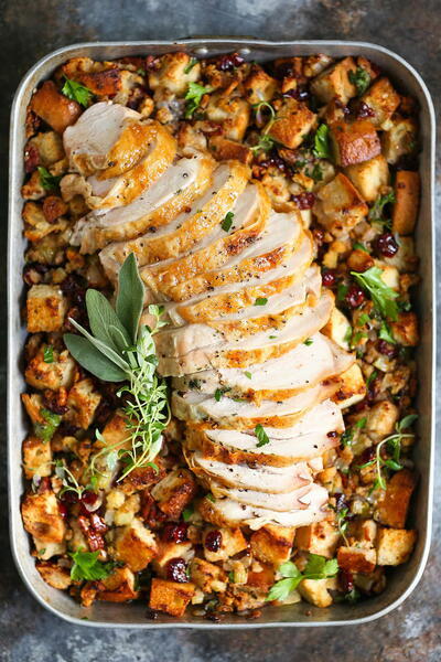 Sheet Pan Herb Roasted Turkey and Cranberry Pecan Stuffing Sheet Pan Herb Roasted Turkey and Cranberry Pecan Stuffing