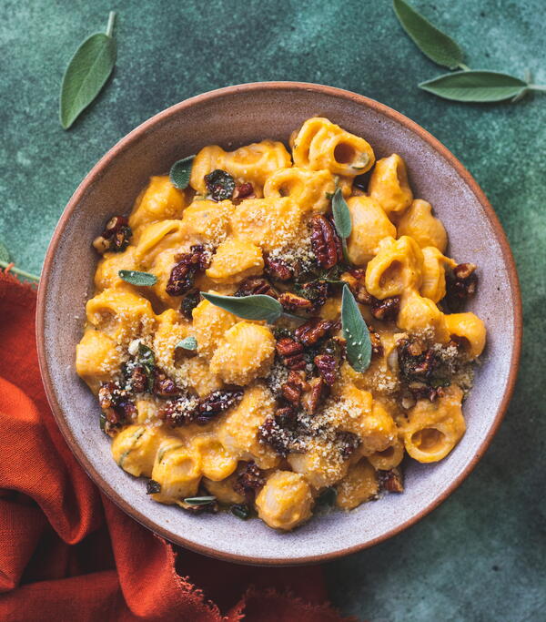 Creamy Pumpkin Pasta with Maple Sage  Pecan Crumb