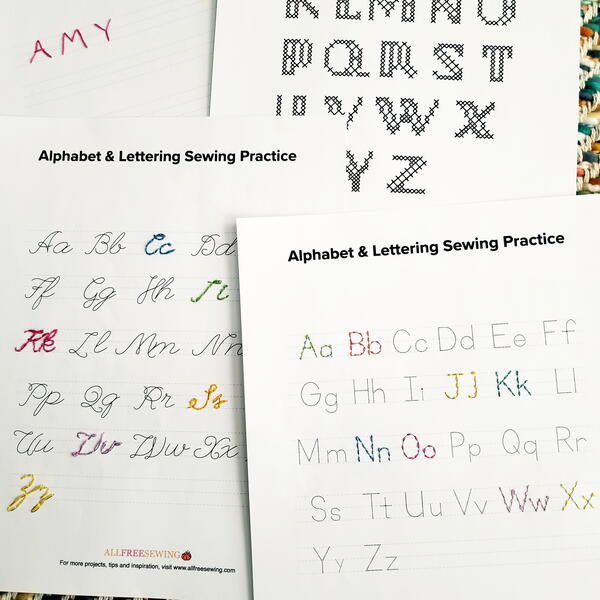 Image shows the alphabet and lettering hand sewing practice sheets.