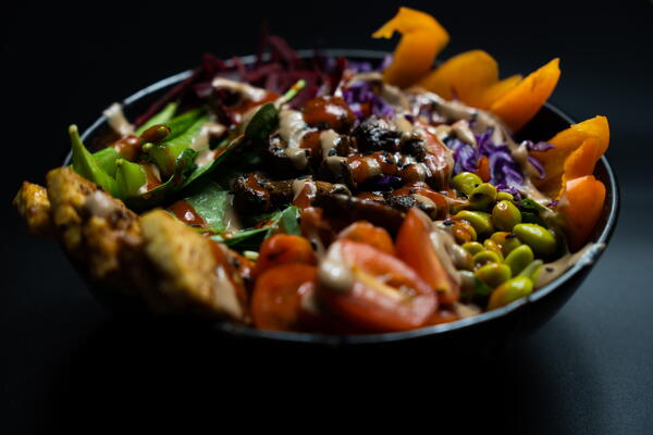 Tofu Mushroom Salad Bowl With Colorful Veggies vegan Tofu Mushroom Salad Bowl With Colorful Veggies (vegan)
