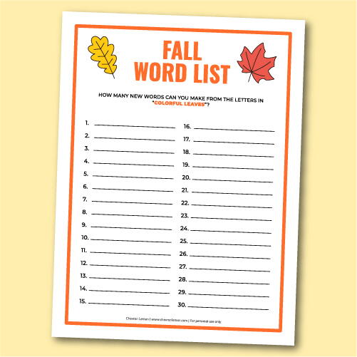 Printable Fall Word List Game Printable Fall Word List Game