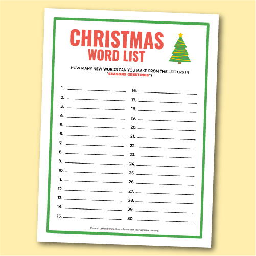 Printable Christmas Word List Game Printable Christmas Word List Game