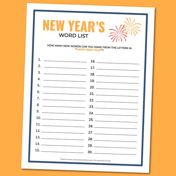 Printable New Years Word List Printable New Year's Word List