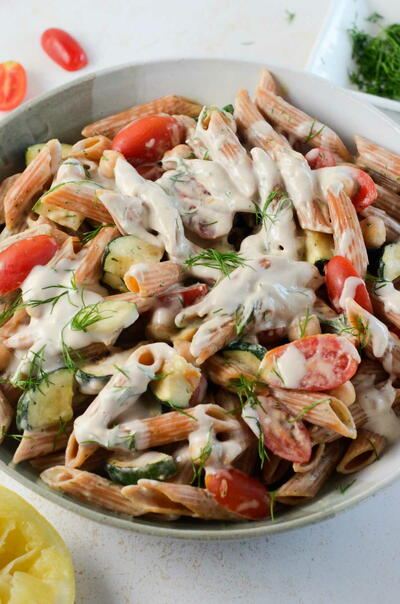 Red Lentil Pasta Salad With Lemon Tahini Sauce Red Lentil Pasta Salad With Lemon Tahini Sauce