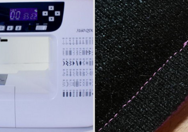 Image is a collage of two images. On the left is a digital screen on a sewing machine to adjust stitch length. On the right is a black piece of fabric with a purple stitch running across.