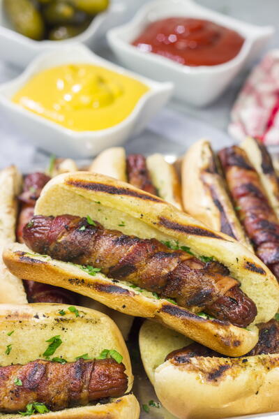 Grilled Bacon Wrapped Hot Dogs Grilled Bacon Wrapped Hot Dogs