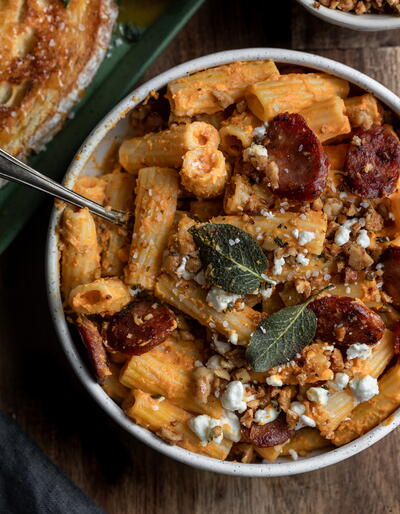 Pumpkin Pasta with Andouille Sausage, Goat Cheese and Brown Butter Walnut Sage Crumble