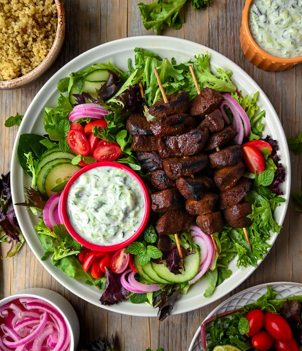 Kebab Skewers with Salatet Zabadi Kebab Skewers with Salatet Zabadi