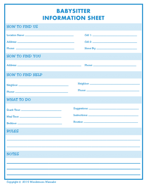 Babysitter Information Sheet Free Printable Babysitter Information Sheet Free Printable