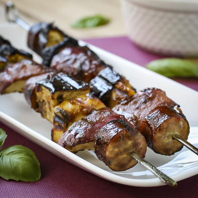 Grilled Halloumi Kebabs With Sausage And Eggplant