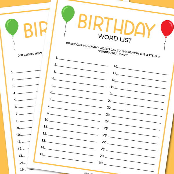 Birthday Word List Birthday Word List