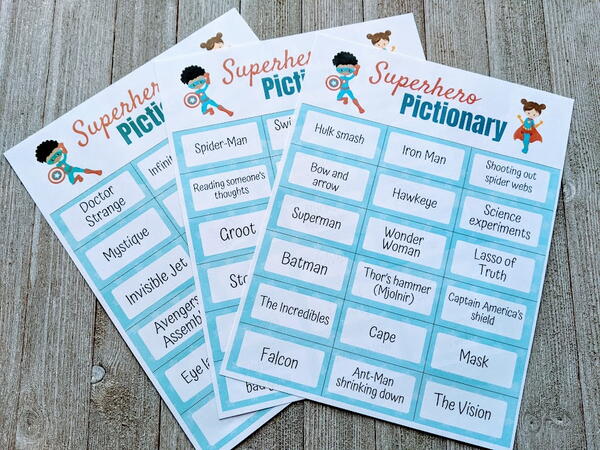 Printable Superhero Themed Pictionary Game For Kids Printable Superhero Themed Pictionary Game For Kids