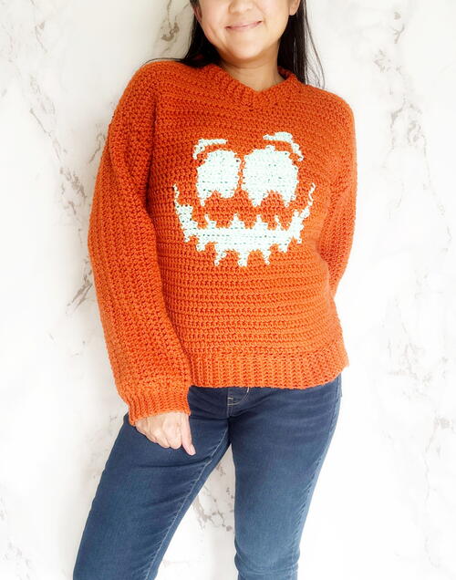 Crochet Pumpkin Face Sweater Crochet Pumpkin Face Sweater